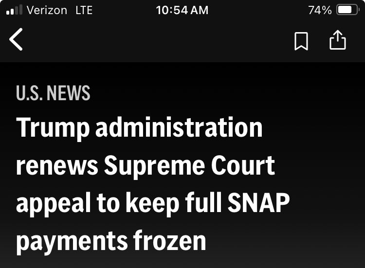  AP NEWS, Nov 10, 10:55 am

Trump administration renews Supreme Court appeal to keep full SNAP payments frozen