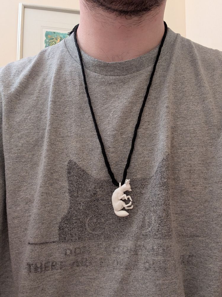 Photo centered on my chest and neck. I'm wearing a grey T-shirt and a necklace with a medium-sized fennec charm hanging from the string.