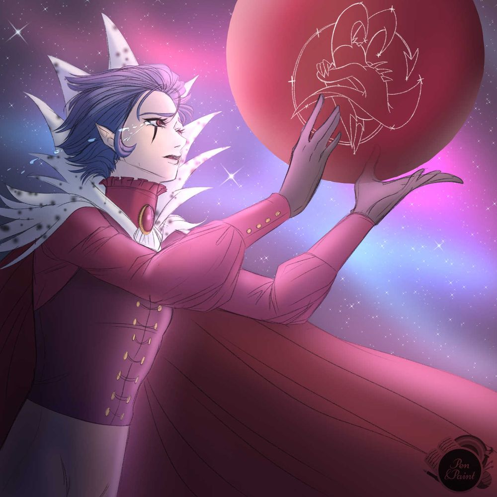 Stolas from Helluva Boss in human form reaching to a red orb with the silhouhette of Blitzo within.