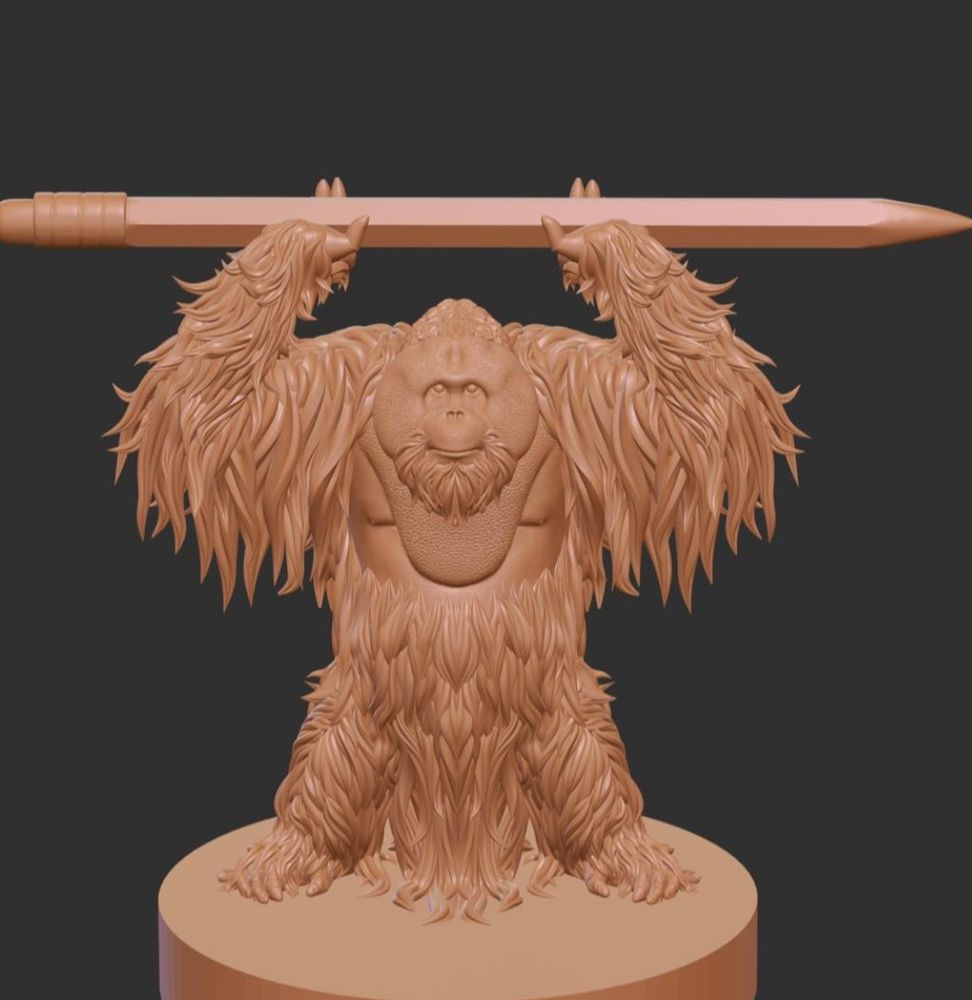 Digital sculpture of a big male orangutan with shaggy hair holding his hands up and holding a large pencil.