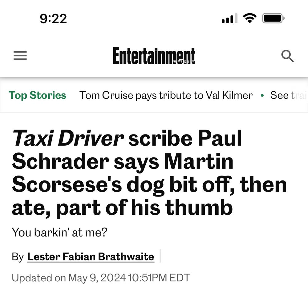 Headline about Martin Scorsese’s dog taking a bite out of Paul Schrader’s thumb.