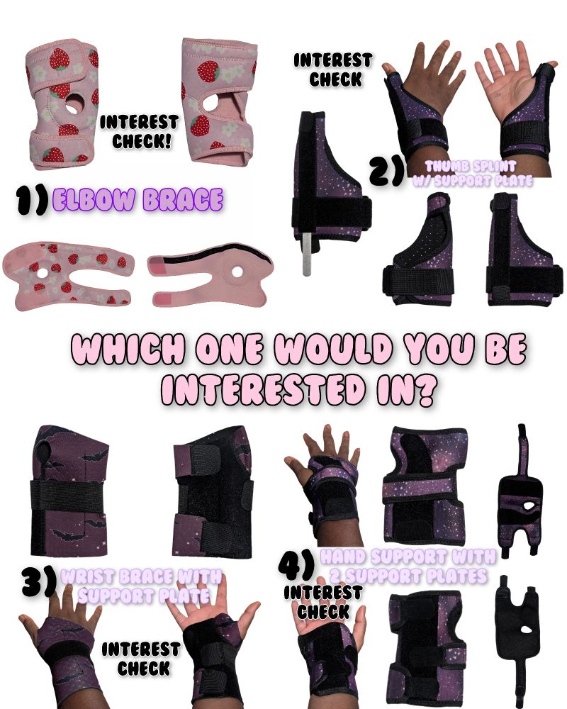 1) Elbow Brace
2) Thumb Splint with Support Plate
3) Wrist Brace with Support Plate
4) Hand Support with 2 Support Plate