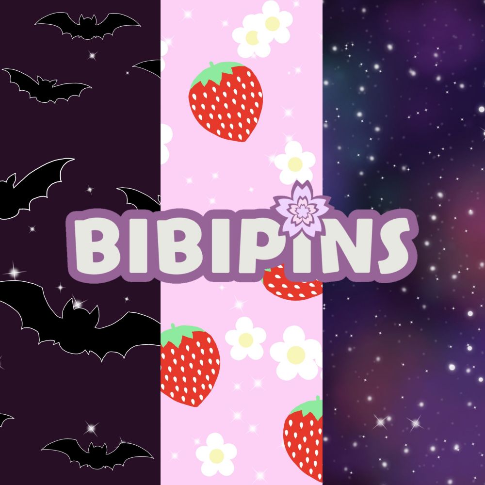 Bat, Strawberry and Galaxy patterns with Bibipins logo 