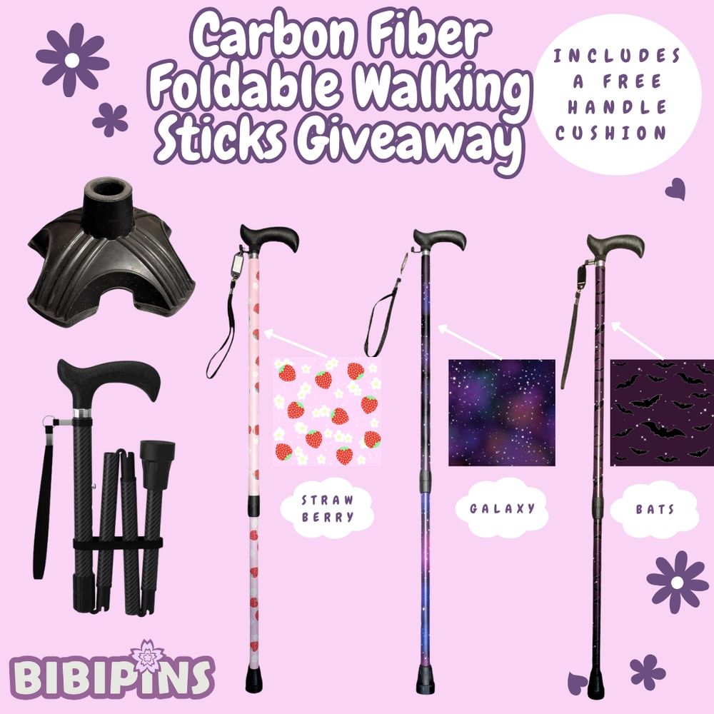 Carbon Fiber Foldable Walking Sticks Giveaway!! Showing my 3 walking sticks patterns in strawberry, galaxy and bats.