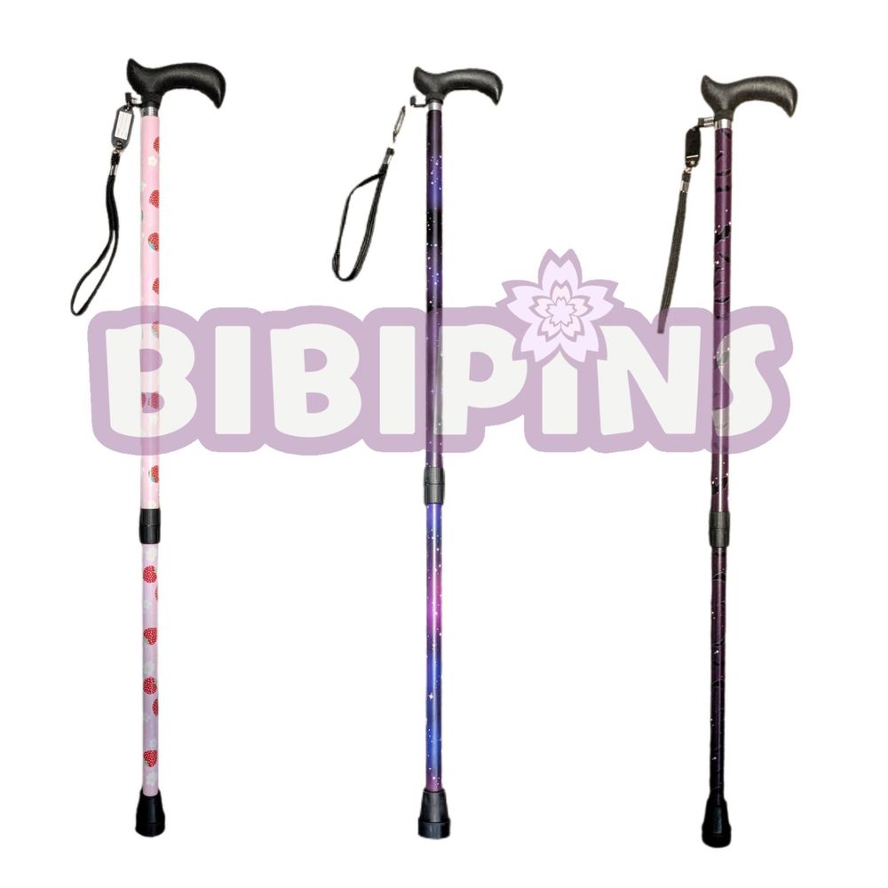 Strawberry, Galaxy and Bat Walking Sticks with Bibipins logo over them