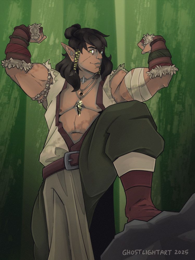 Digital illustration of a muscular elf with a leg up on a boulder in the foreground, flexing both arms. He has long, fluffy, dark hair, an open tunic, and necklaces falling over his chest. The background is an abstracted copse of green trees. 