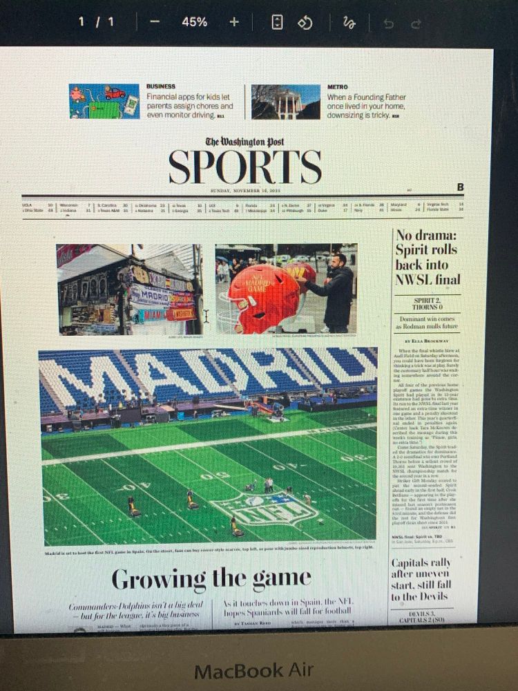 Washington Post sports page cover with the main story about the Commanders game in Madrid, and the Spirit relegated to a side panel