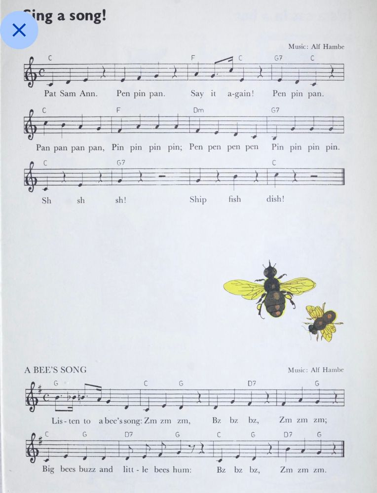 Faksimile av side i engelskbok fra barneskolen med sangtekst
