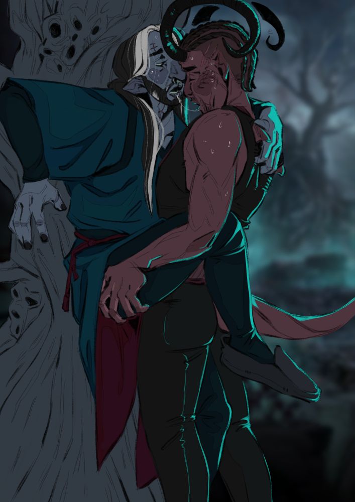 illustration of half-drow oc Dysmas and Wyll Ravengard. Wyll has Dysmas against a gnarled tree in the Shadow-Cursed Lands, one of Dysmas' legs hooked over Wyll's hip and the other between Wyll's legs. They've just broken a kiss, thin trail of saliva connecting them. Wyll's bare arms are visibly sweaty. Dysmas looks at him with half-lidded eyes. The image has a deep blue color scheme, to match the Shadow-Cursed Lands setting.