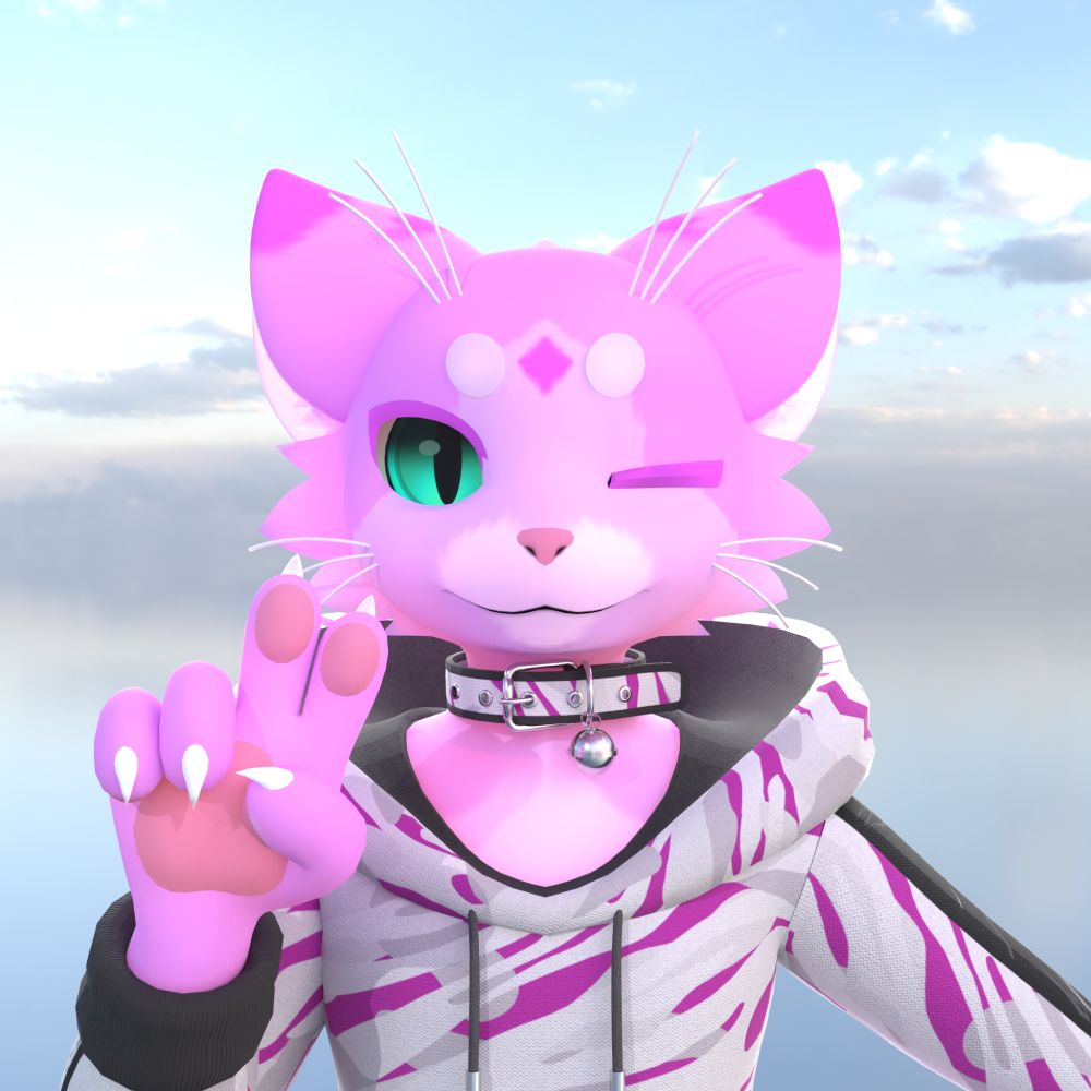 magenta cat wearing a hoodie with blue eyes holding up a peace sign