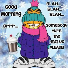 In the middle of a snowflake backdrop stands Garfield (Grumpy Orange cartoon cat). He wears a big purple puffy coat, a pink scarf, green hat and giant white & black trainers. A creamy hot drink in a metal cup hovers beside him.

Around him, the following sentences are written in black letters:

“Good Morning” / “Brrr …” / “ BLAH … BLAH … BLAH …” / “somebody turn the HEAT UP PLEASE!”