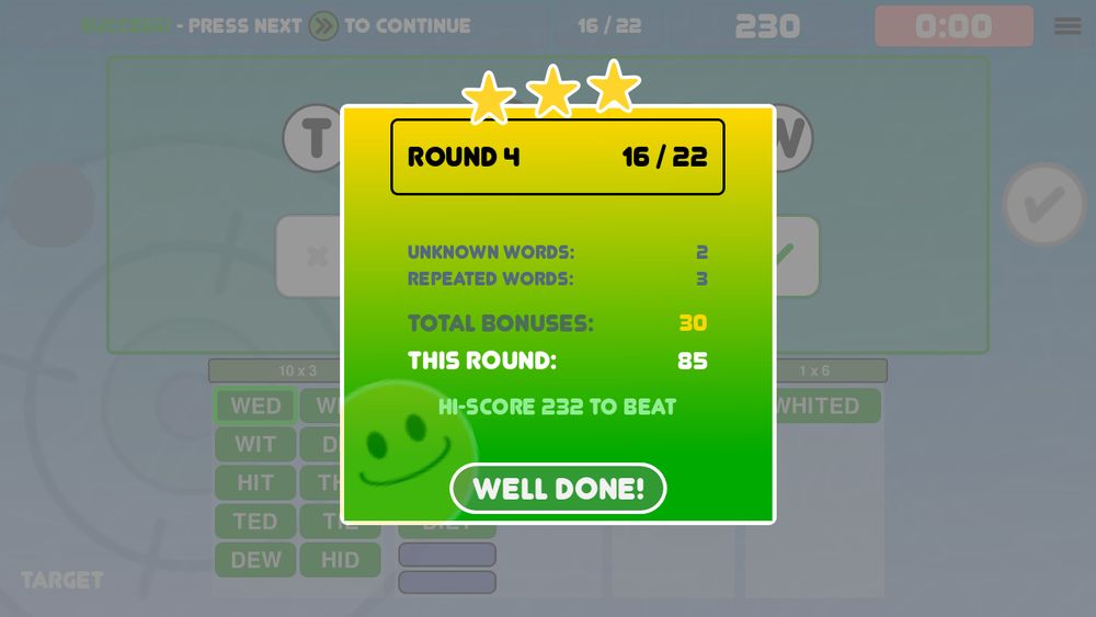 Gaudy gradient filled word game end of round screen showing scores and bonuses and the next hi-score to beat