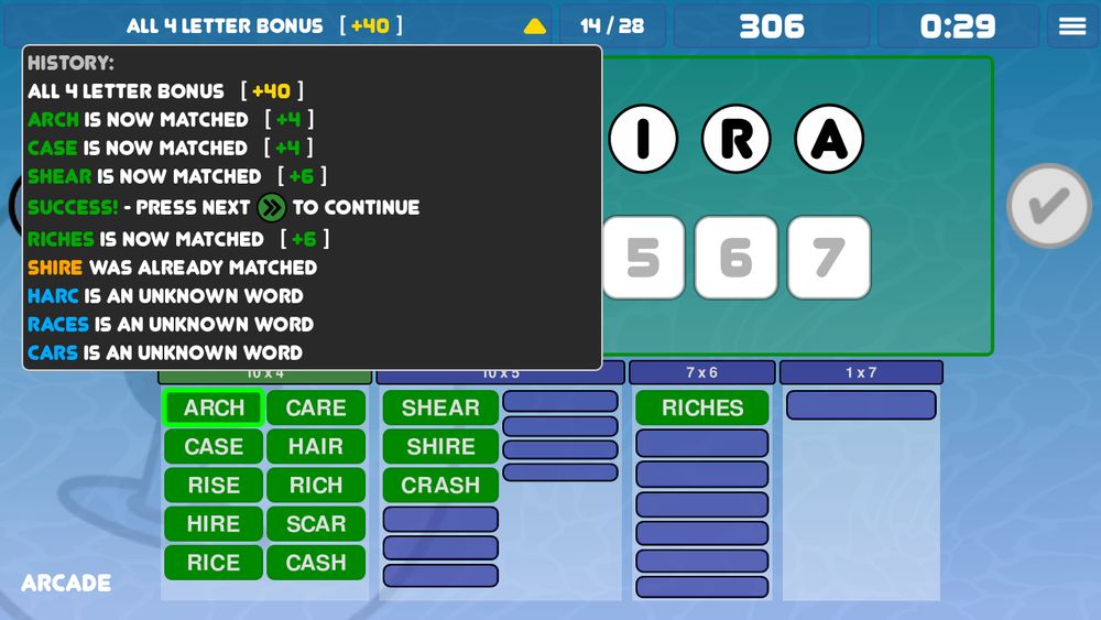 Anagram game with the message log showing all recent messages of words tried and scores received. Now also shows working drop down arrow in yellow at the end of the message/status line, above the log window. All the words accepted are shown at the bottom of the screen. A green background around the selectable letters shows the round can be advanced without waiting for the timer to finish.