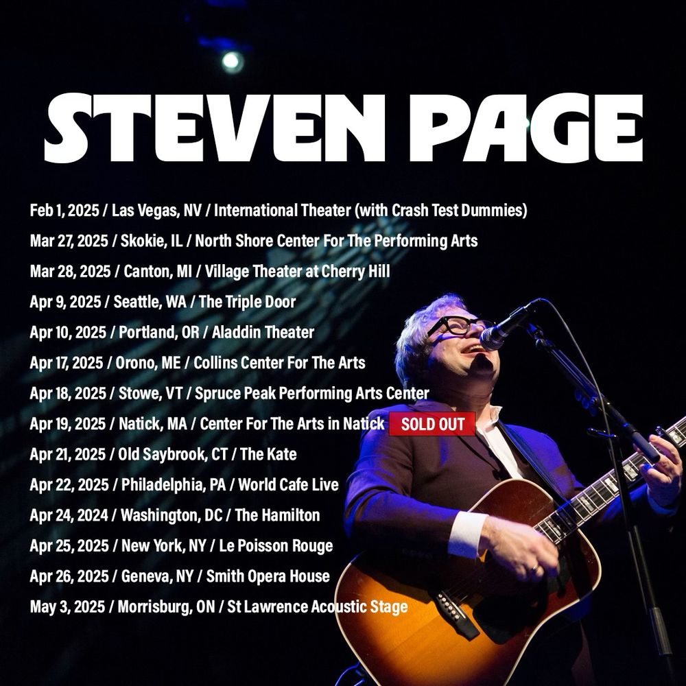 A list of upcoming concert dates and a photo of Steven Page playing guitar and singing. 