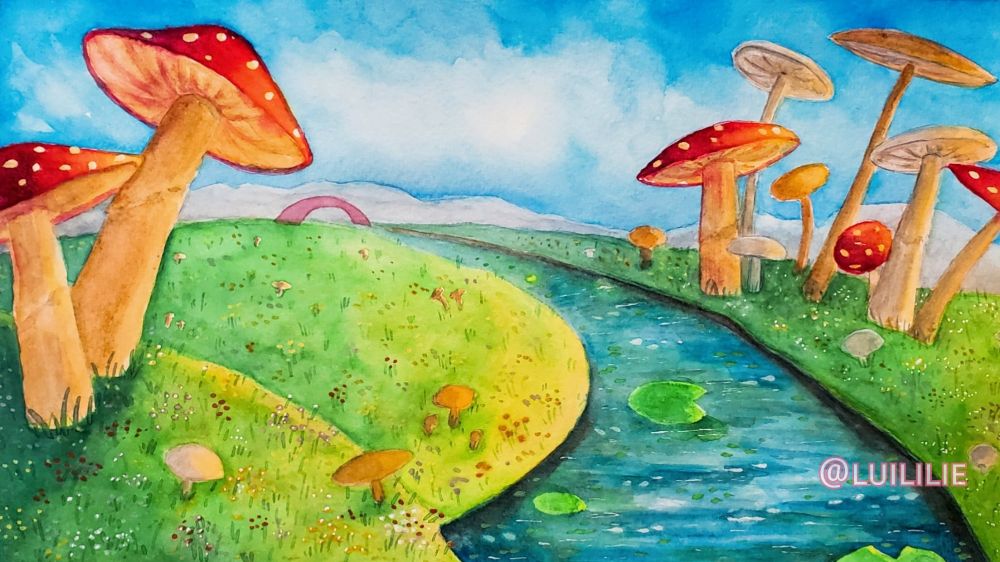 Landscape of red mushrooms with a river in the center