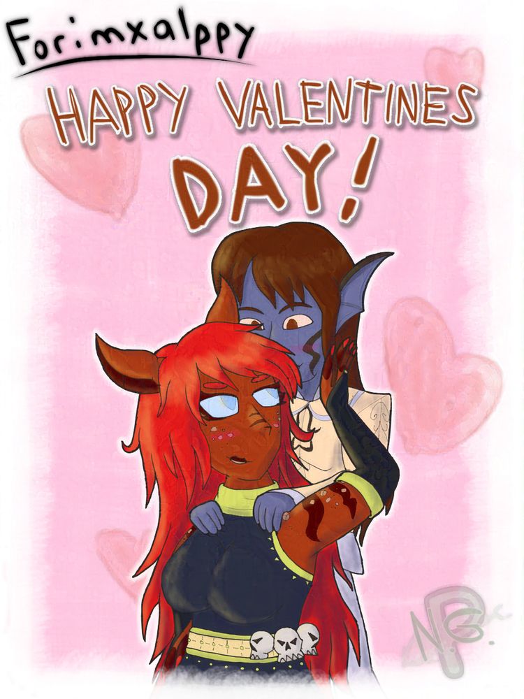 Clary, a hell demon girl, and Mason, a water deity, coaxing each other.

above it says "Happy Valentines Day!"