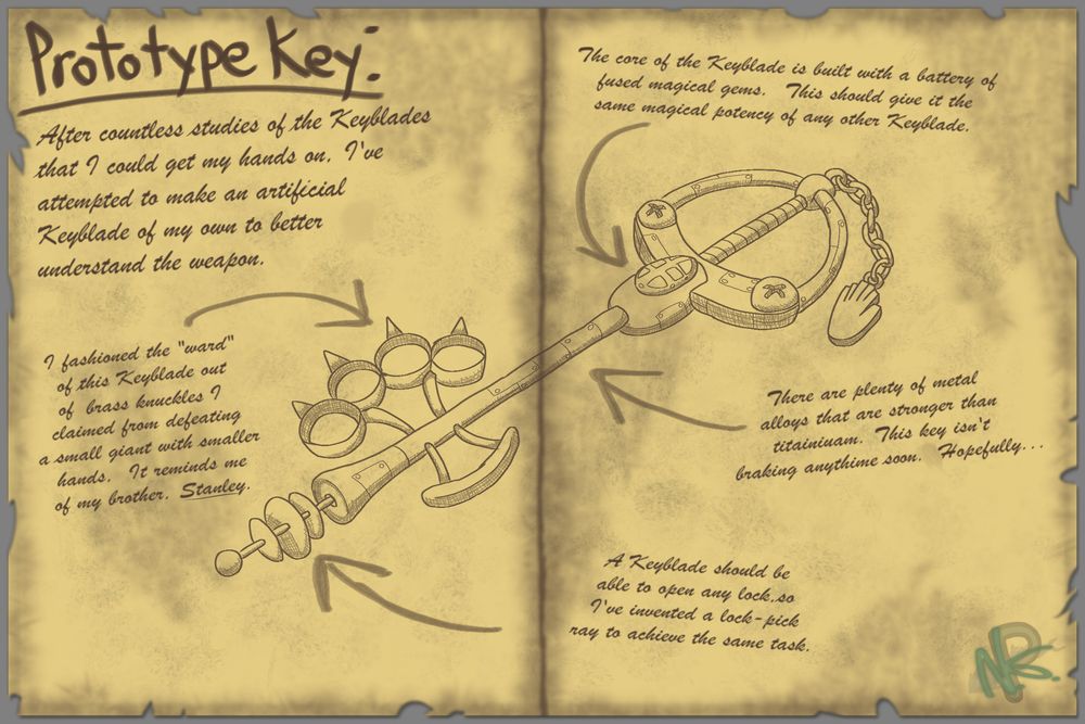 Prototype Key
After countless studies of the Keyblades that I could get my hands on, I've attempted to make an artificial Keyblade of my own to better understand the weapon.

I fashioned the "ward" of this Keyblade out of brass knuckles I claimed from defeating a small giant w/ smaller hands. It reminds me of my brother, Stanley.

The core of the Keyblade is built with a battery of fused magical gems. This should give it the same magical potency of any other Keyblades.

There are plenty of metal alloys that are stronger than titanium. This key isn't breaking anytime soon. Hopefully...

A Keyblade should open any lock, so I invented a lock-pick ray to achieve the same task.