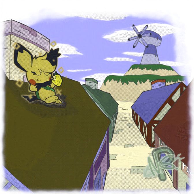 A Pichu eating food on the rooftops with a windmill in the background.
