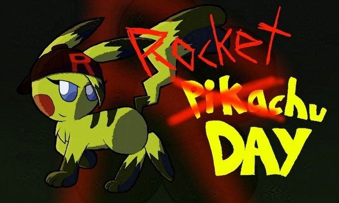 A Pikachu standing next to the text,  "Rocketchu Day"