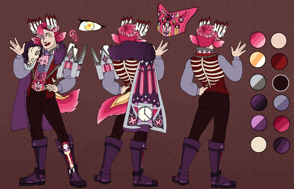 Full Reference sheet of Rowen, the God of Death. He color palette is on the right if his page, with the eye and corset sitting at the top of the page. Cape ref soon to come.