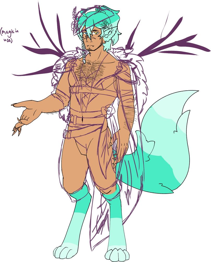A WIP reference sheet for Barke, the god of life. He stands as a counterpart to Rowen, his lighter teal colors countering Rowen's pinks.