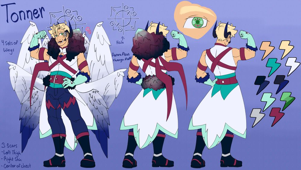 A reference of af my oc, the angel Tonner: second hand to the angel of Humility. His colors reflect that of an Aurora Borealis