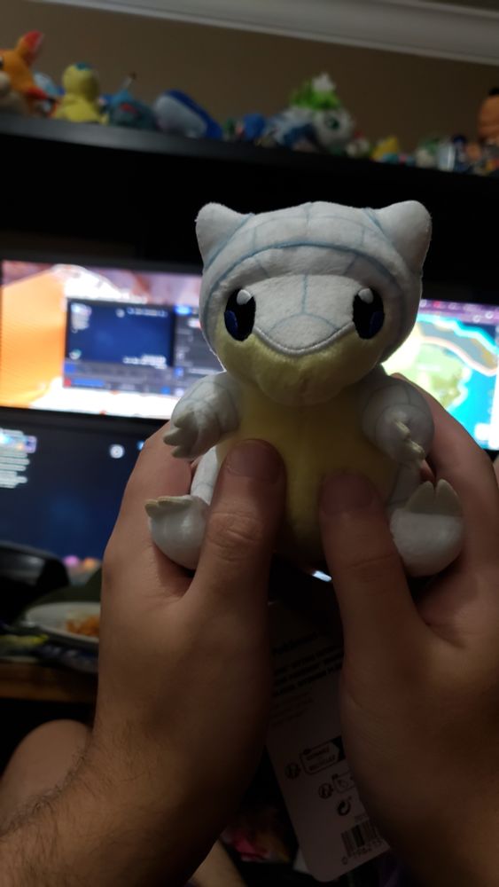 Sitting cuties alolan Sandshrew/Snowshrew plush, being held in my hands like Simba from the pov of Rafiki
