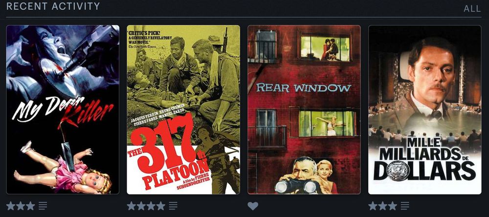 Screenshot of last four watched: My Dear Killer, The 317th Platoon, Rear Window, Mille Milliards Dollars. 