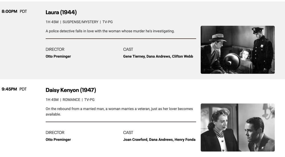 TCM schedule listing for Laura and Daisy Kenyon
