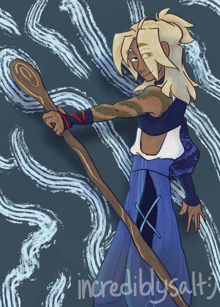 A digital artfight attack of @SquirrelCurls.bsky.social’s OC Kit! Kit is drawn standing sideways, holding his staff out in front of himself. Long fern-like tattoos snake up his arm and over his shoulder, and he wears a loose outfit with deep blues and brighter teal details. 