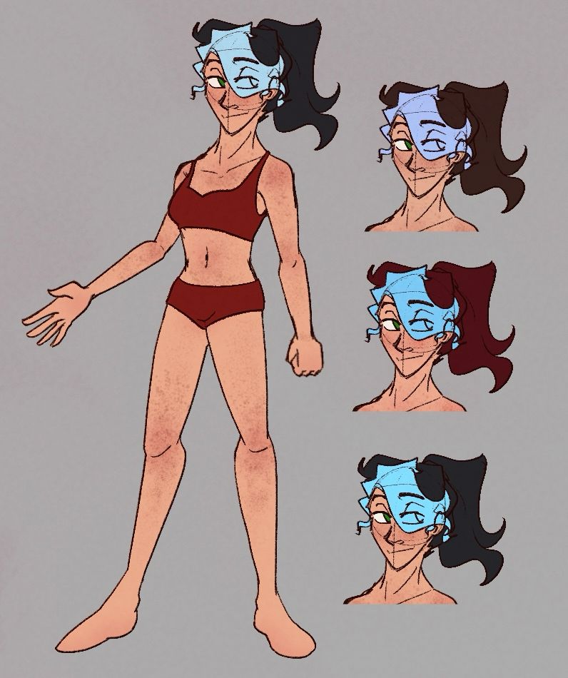 A digital sketch of my character Ivory, which is a full body reference. Alongside this are three headshots, with alternate hair colors. 