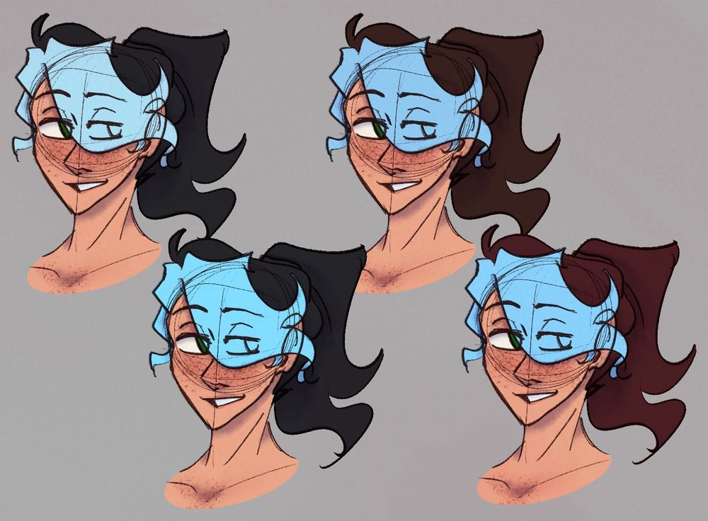 4 digital headshot sketches of Ivory, with more details and shading. Each headshot has different hair colors, all with variant blue bands and some with dark black hair or brunette hair. 