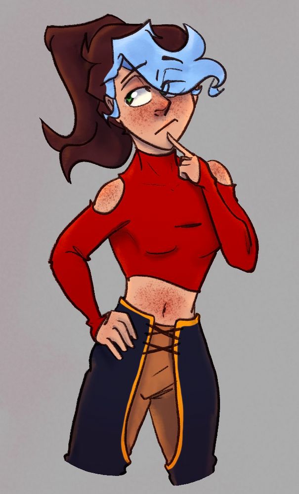 Another digital sketch of Ivory, drawn from the knees up. She poses with one hand on her hip and the other pointed at her chin, as she glances up in a thinking manner. This sketch has some shading and uses her brunette hair from the previous sketches. 