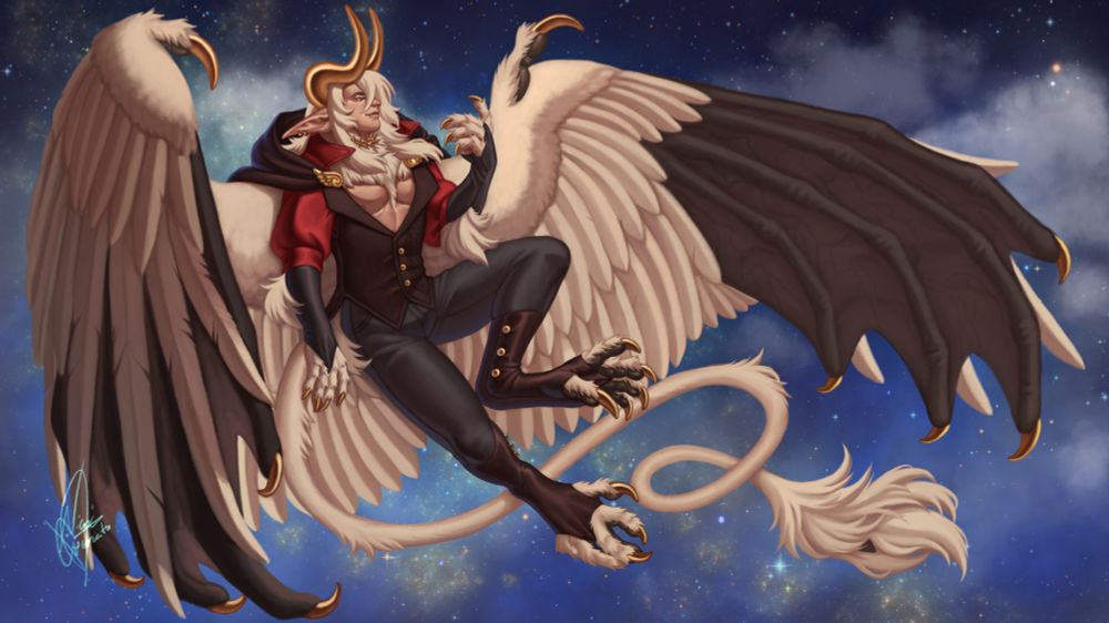 lllustration of my OC Babylon
Fullbody view of a young looking man, with white skin, cream colored hair and fur
Golden bones, such horns and claws, pointy ears , black sclera and also golden pupils
A pair of bigwings, half featehred and half bat-like, open as he flies
Digitigrade feet, with five toes each, almost alike an owl's, and black pawpads
Long tail slit and full of fur on the tip
Using a red social shirt, a black vest, black pants and gloves covering their forearm to the hands.
A kind of socks covering his leg from below his kness to the feet, black colored with a hint of crimson
Smirking to the viewer, behing him a night sky, starred, background with fading clowds
