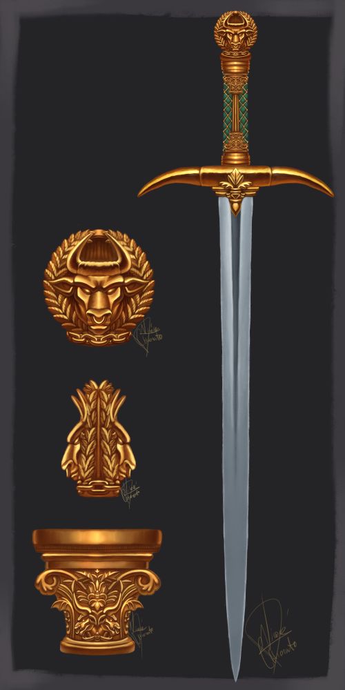sword design
log swrd with silver blade
golden handle with a pillar and a bull esculpture on top