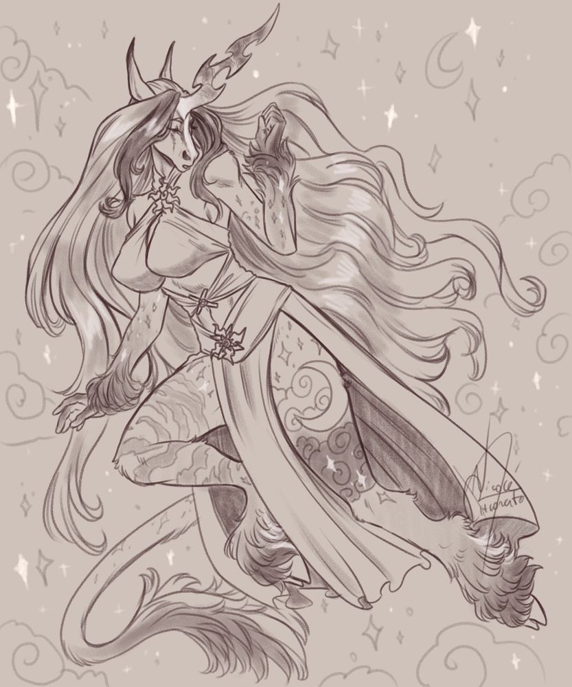 fullbody sketch of an anthro unicorn long flowy hair and markings on the fur, using a long flowy dress floating in the air