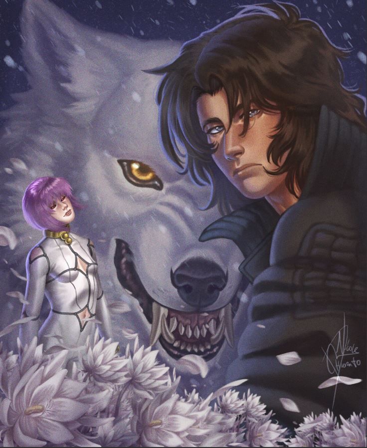 Fanart of the anime Wolf's Rain
Featuring, a close-up Portrait of Kiba, on both of his human and white wolf forms. Black haired and blue eyed, japanese young man.
and Cheza, a pretty woman, with short purple hair and slim body, dressend in white. 
White flowers and snow flowing on the screen.