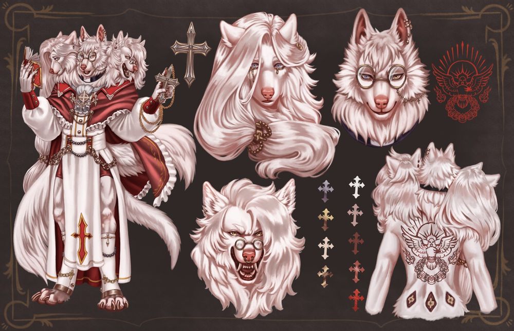 Reference Sheet Character Commission for my Patreon Krahenschrei
Full body of a white furred Cerberus, anthro Dog character.
Right-side Head; with long hair, sad expression, Blue eyes, crying gold.
Middle Head; Heterochromia Golden and blue eyed, stern expression, golden big glasses, priest choker.
Left-side Head; Medium hair lenght, snarl expression, golden small glasses and nose piercing, golden eyes.
Backview with a scarred tattoo representing a saint.
