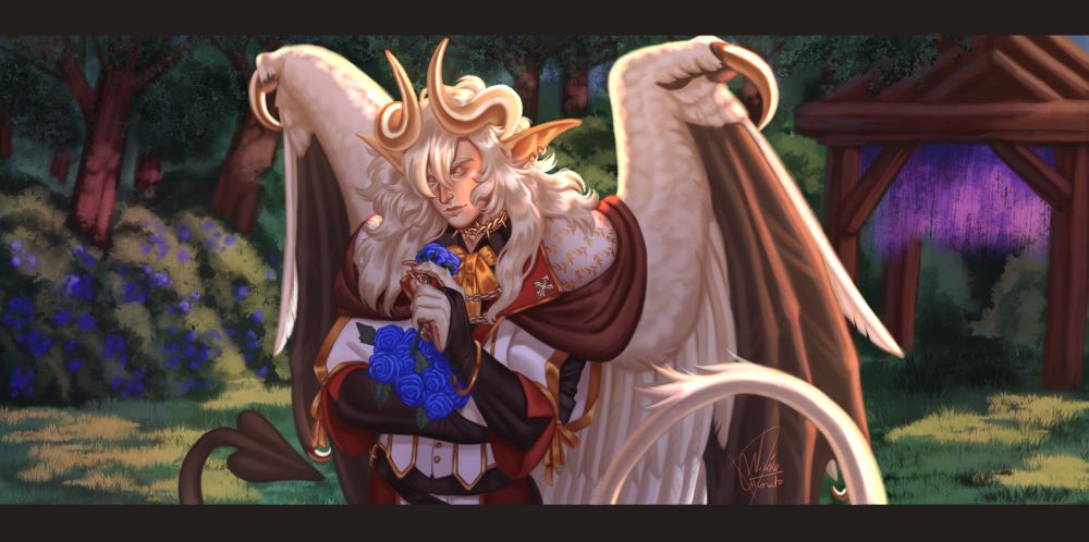 lllustration of my OC, Babylon
Halfbody view, of a young looking man, With cream colored, long hair and fur, long pointy ears, a pair of feathered and bat-like wings, long tail and with Golden horns and claws.
Dressed with fancy clothings, harvested Blue roses, on a hidden, serene garden. 
Background with a dense forest, trees and bushes and a small wooden structure holding purple leaved plants.