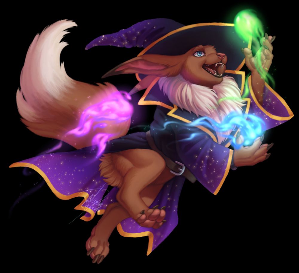 Commission for @Nocturnus1690 on DeviantArt
Featuring the character Iris, an Anthro Eevee Pokémon
Jumping position, smiling, using a dark purple wizard robe and hat
Carrying, bright and colorful, magic flames with their hands