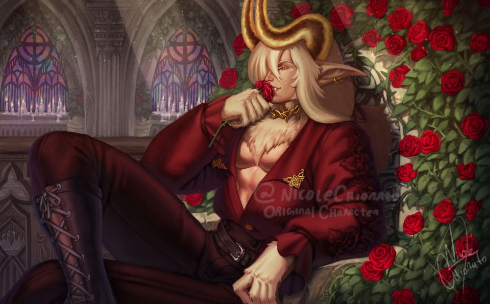 Illustration of my character Babylon
Ayoung looking man with light skin and cream colored fur and hair, pointy ears, golden horns and claws, his halo thorned vines shaped wrapped around his neck.
Sitting on a stone, carved bench, inside an abandoned cathedral. 
The throne surrounded by Red roses and it's leaves, a spotlight hitting him from above.
In hte background, solorful vitrals and dimly lit candles, behind an ornated pillar
He kisses a rose holding it with his hands, crossing his legs while side-looking at the viewer, using a red social shir, black pants and an acessory on his legs.