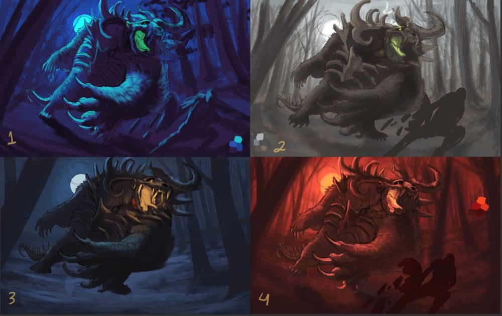 thumbs with color tests 
first being bluish and green, second being gray and maroon like a dead nature, third with blue and orange hues, last one with only red values
a huge bear like creature, with a bear skull, antlers; roaring and destroying a shield of a knight