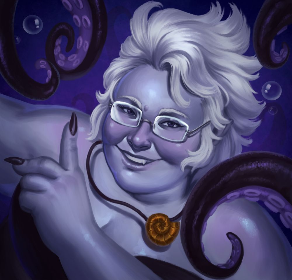 Portrait of Ursula Dorada (SulaMoon) as Ursula, from the little Mermaid movie
a purpleish colored skin, with white hair, black and purple tentacles on hte screen as well, smilng to teh viewer