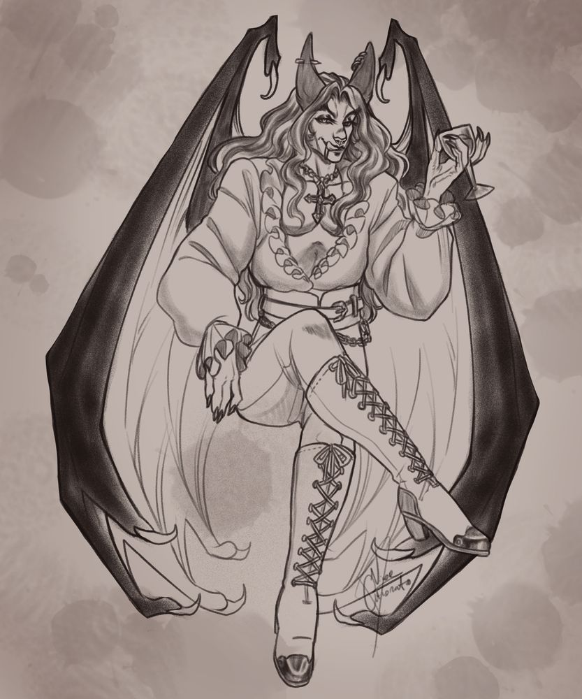 fullbody sketch of an anthro bat character
sitting crossing his legs, drinking wine while smirking to the viewer, bat wings behind his back, long curly hair and a big pair of ears
using victorian styled clothes