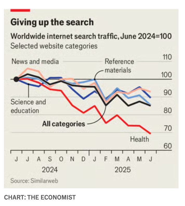 Gráfico da reportagem sobre buscas na internet caindo por área no último ano. Todas estão caindo em por volta de 10%, mas saúde caiu mais de 30%.