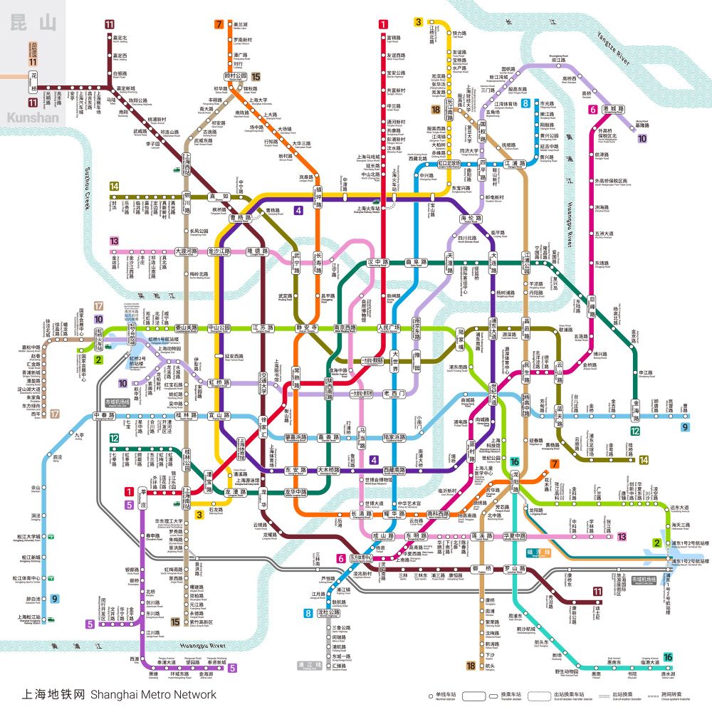 Mapa metroviário de Shangai com uma caralhada de linhas e estações, mostrando que é muito mais complexa e deve levar muito mais passageiros do que as linhas de São Paulo 