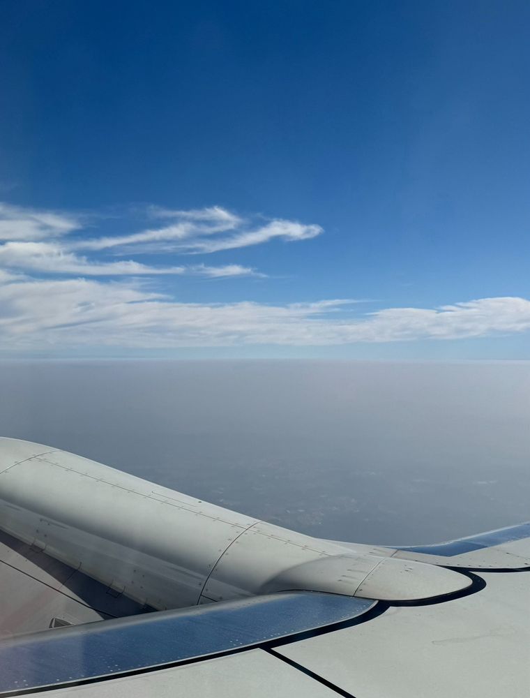 Foto da janela do avião com uma parte da asa aparecendo. No topo o céu está completamente azul. Na parte de baixo, onde estaria a cidade, só se vê um tapete cinza de fumaça.