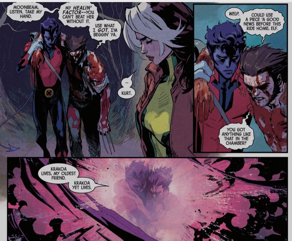 A heavily wounded Wolverine asks Nightcrawler for some kind of hope before they teleport away. And Nightcrawler says, “Krakoa yet lives.”