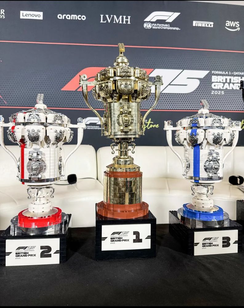 Three trophies from the 2025 British Grand Prix. Made from LEGO.