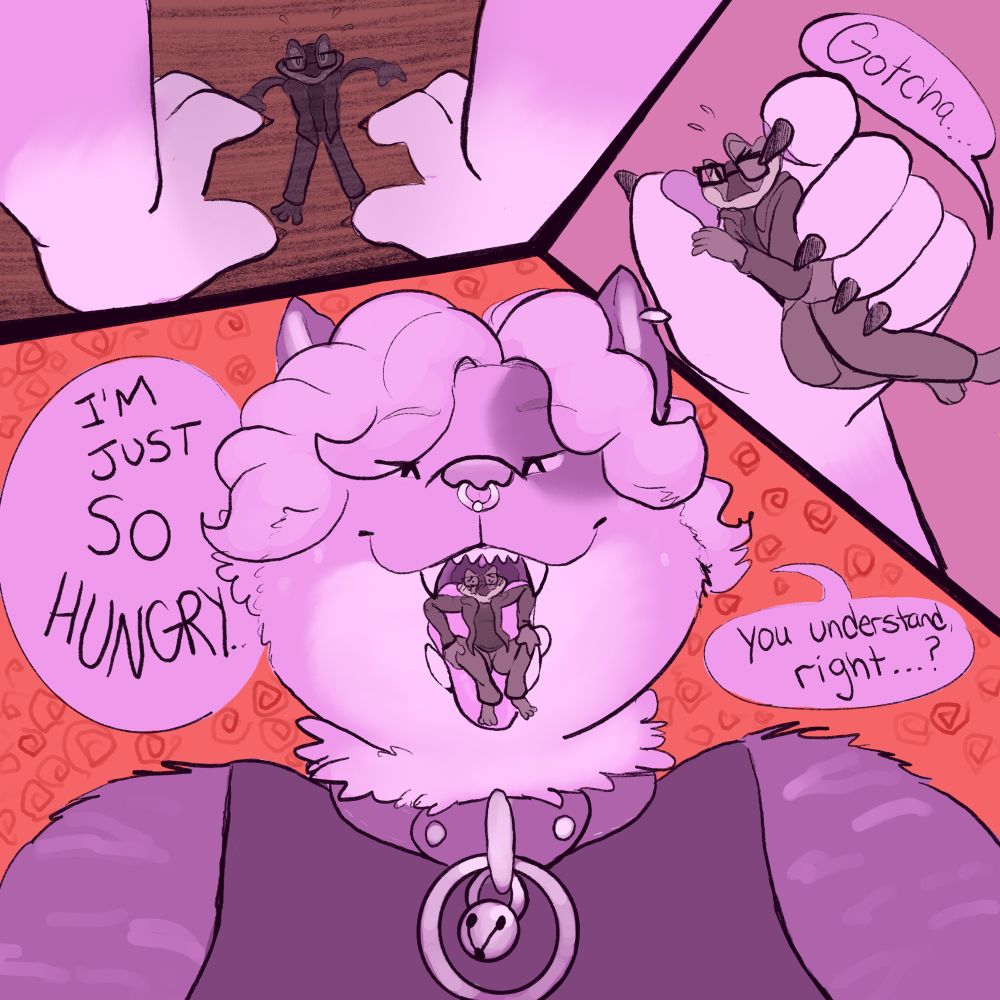 A two page comic featuring Mirina pinning down, grabbing, and gulping a tiny frog